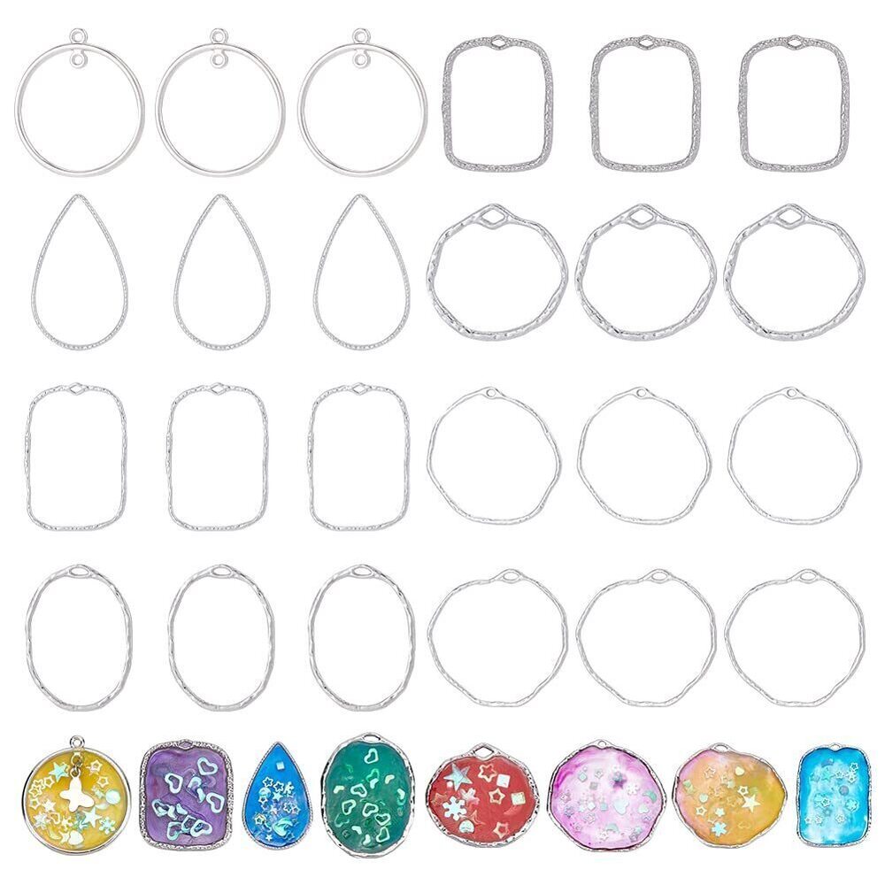 4598 48Pcs 8 Style Ring Open Back Bezel Pendants Oval Hollow Frame Pressed